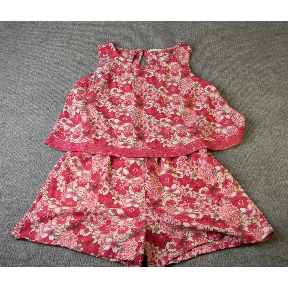 Copper Key Girls L Floral Skort Romper Pink Lace Overlay Sleeveless Keyhole Back